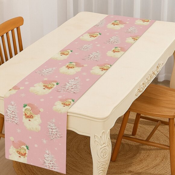 Christmas Table Runner 13” x 72” Pink Santa Claus & Christmas Trees New🎅🎄 - Picture 3 of 4
